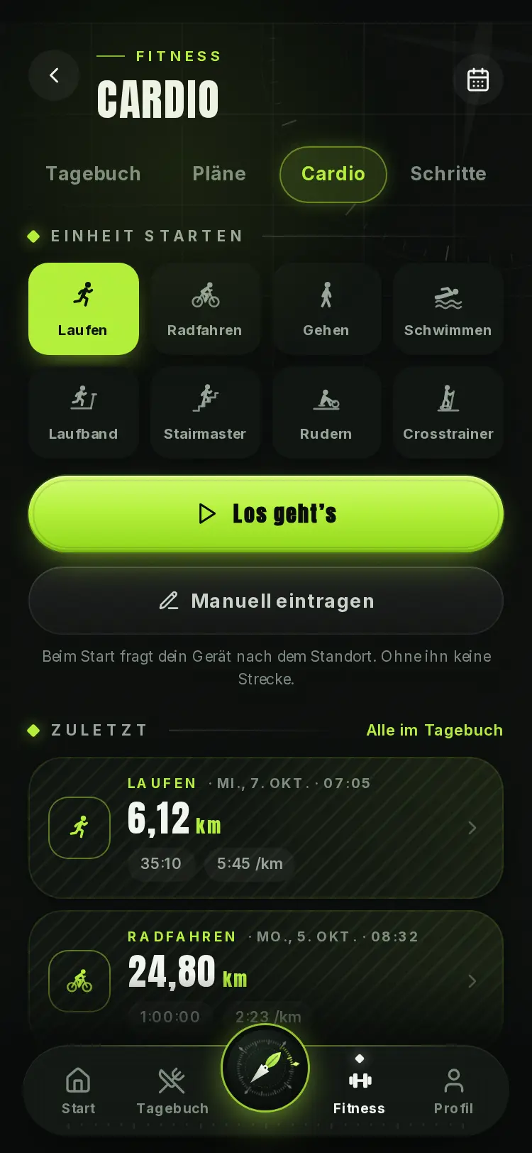 Cardio-Einheit starten: Laufen, Radfahren, Gehen, Schwimmen