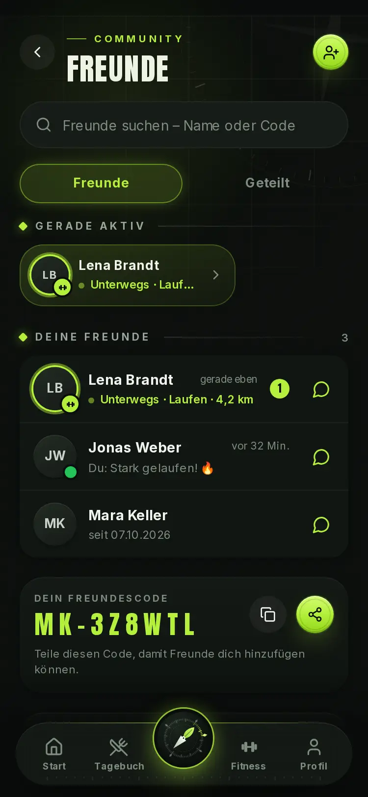 Freunde-Ansicht mit Live-Training