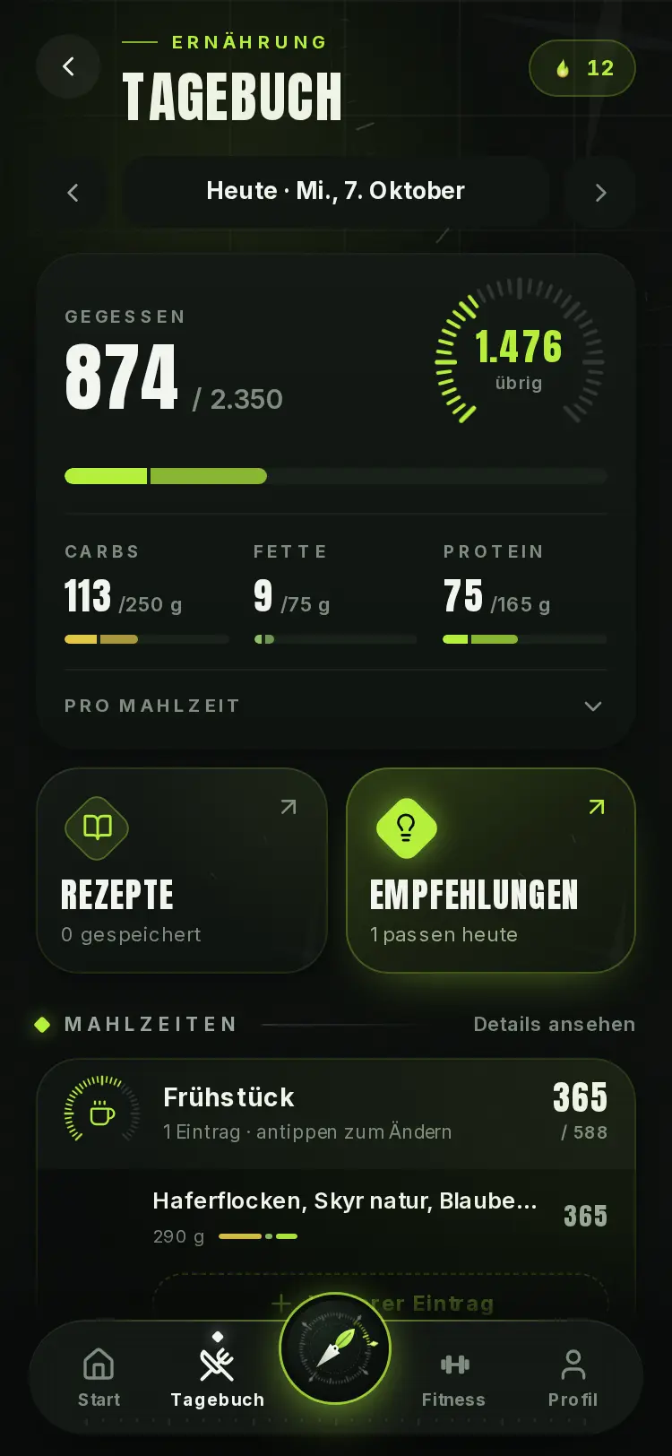 Ernährungstagebuch mit Makros und Mahlzeiten